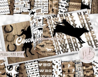 Rustic Cowboy Scrapbook Paper Download • Country Western Rodeo Ranch Horse Bull Hat Boot Wood • Scrapbooking Printable