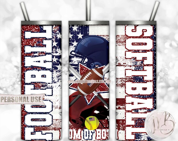 Patriotic Mom of Both Football and Softball 20oz Skinny Tumbler Sublimation Download • Helmets Star Distressed USA Flag • DIY Print & Press