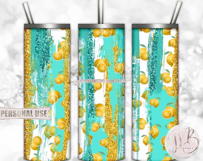 Teal and Yellow Lemon 20oz Skinny Tumbler Wrap Sublimation Download • Scattered Lemons Brush Stroke Design Glitter • DIY Print and Press