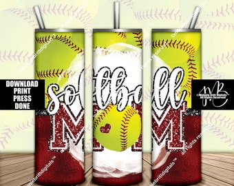 Maroon Softball Mom 20oz Skinny Tumbler Wrap Sublimation Design Download • Softball Collage Glitter Varsity Letters • Sublimation Crafts
