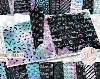 Iridescent & Black Sassy Scrapbook Paper Download • Diamond Bling Lips Heels Girly Glitter Foil • Printable Paper Crafts 20 12x12 JPG PDF