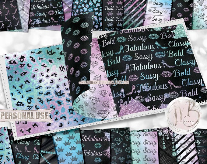Iridescent & Black Sassy Scrapbook Paper Download • Diamond Bling Lips Heels Girly Glitter Foil • Printable Paper Crafts 20 12x12 JPG PDF