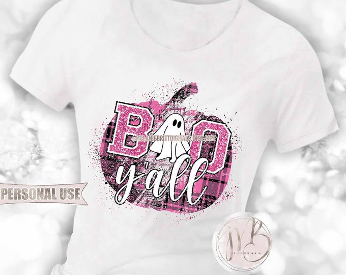 Halloween T-Shirt Sublimation Download • Cute Ghost Pink and Black Plaid Distressed Pumpkin Glitter “Boo Y'all” • DIY Print and Press