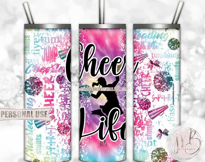 Cheer Life Tumbler Wrap Download • Rainbow Tie Dye Cheer Squad Typography Cheerleader Gift • Sublimation Print and Press #1