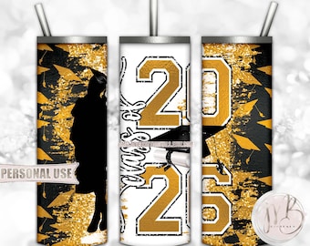 Athletic Gold Class Of 2026 Girl Graduation 20oz Skinny Tumbler Wrap Sublimation Download • Graduation Cap Glitter • DIY Print and Press