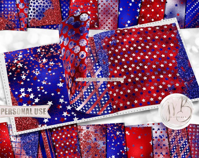 Glam Patriotic Stars Scrapbook Paper Download • USA July 4th Independence Day Glitter and Foil • Scrapbooking Printable