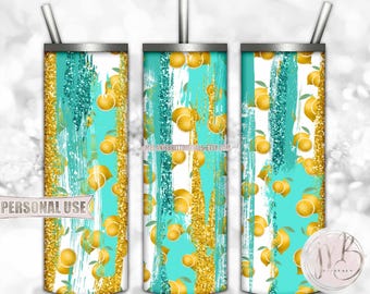 Lemons 20oz Skinny Tumbler Wrap Sublimation Design Download • Brush Stroke Design Teal Yellow Glitter Lemon Lover Gift • DIY Print & Press