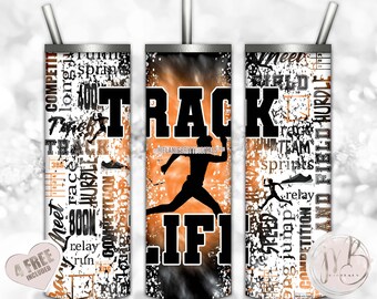 Track Life 20oz Skinny Tumbler Wrap Sublimation Design Download • Boy Silhouette Orange Black Tie Dye Track And Field • Sublimation Crafts