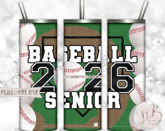 Black Baseball Senior 2026 20oz Skinny Tumbler Wrap Sublimation Design Download • Senior Year Baseball Grad Gift • DIY Print and Press