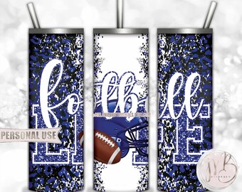 Royal Blue Football Life 20oz Skinny Tumbler Wrap Sublimation Design • Football Helmet Leopard Print School Sports Gift • DIY Print & Press
