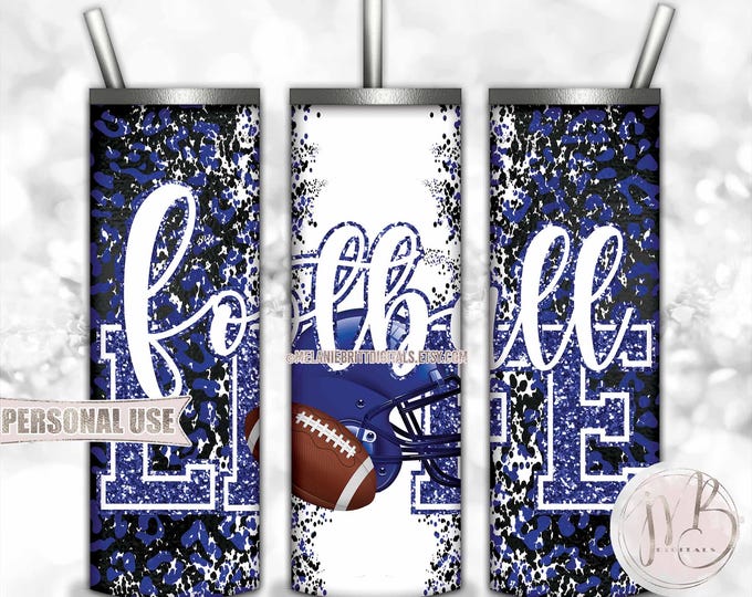 Royal Blue Football Life 20oz Skinny Tumbler Wrap Sublimation Design • Football Helmet Leopard Print School Sports Gift • DIY Print & Press
