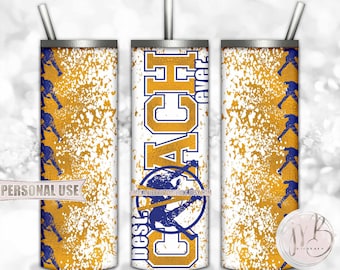 Blue and Athletic Gold Wrestling Coach 20oz Skinny Tumbler Wrap Sublimation Design • Lanyard Whistle "Best Coach Ever" • DIY Print and Press