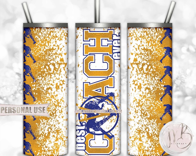Blue and Athletic Gold Wrestling Coach 20oz Skinny Tumbler Wrap Sublimation Design • Lanyard Whistle "Best Coach Ever" • DIY Print and Press