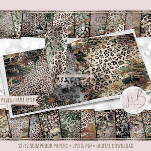 Distressed Camo and Leopard Scrapbook Paper Download • Nature Camouflage Classic Leopard Print • Printable Paper Crafts 20 12x12 JPG & PDF