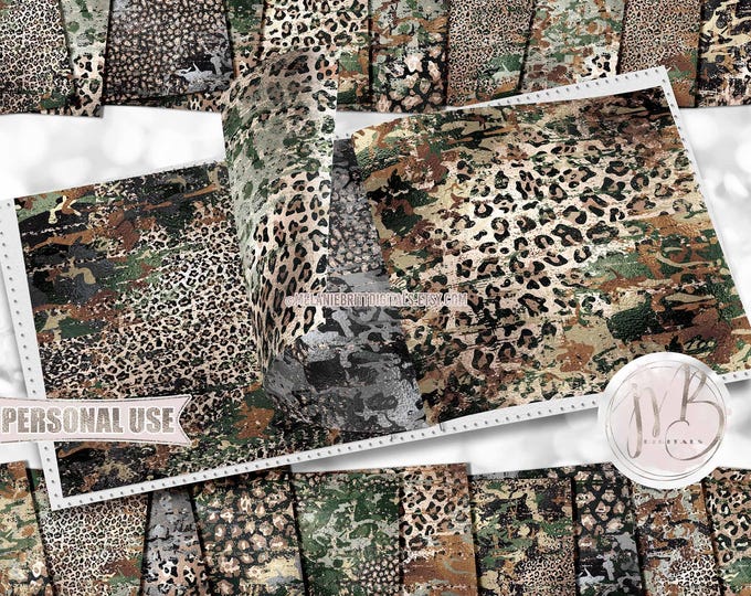 Distressed Camo and Leopard Scrapbook Paper Download • Nature Camouflage Classic Leopard Print • Printable Paper Crafts 20 12x12 JPG & PDF