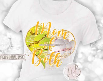 Athletic Gold Baseball and Softball Mom of Both Heart T-Shirt Sublimation Design • School Sports Ball Park Mom Gift • DIY Print and Press