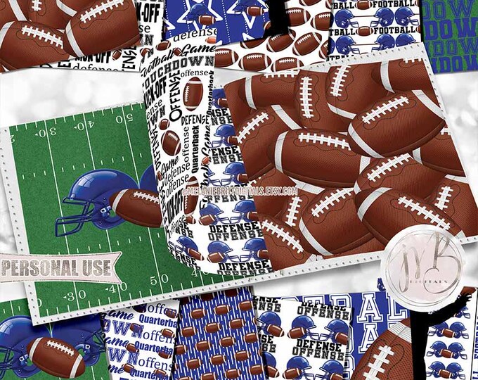 Blue Football Scrapbook Paper Download • Helmets Players Turf Field Sport Typography • Scrapbooking Printable