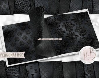 Black Embossed Scrapbook Paper Download • Victorian Damask 3D Embossing Design Shimmering Foil • Printable Paper Crafts 20 12x12 JPG & PDF