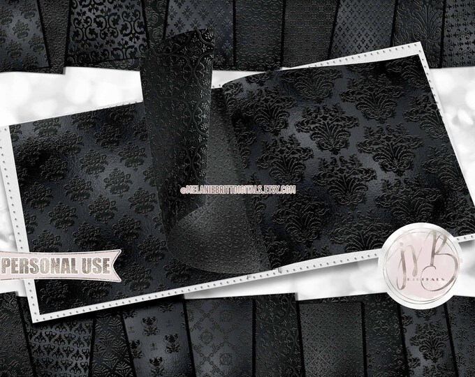 Black Embossed Scrapbook Paper Download • Victorian Damask 3D Embossing Design Shimmering Foil • Printable Paper Crafts 20 12x12 JPG & PDF