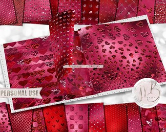 Red and Pink Embossed Hearts Scrapbook Paper Download • Valentines Day Shimmering Foil 3D Design • Printable Paper Crafts 20 12x12 JPG & PDF