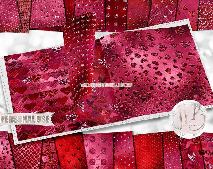 Red and Pink Embossed Hearts Scrapbook Paper Download • Valentines Day Shimmering Foil 3D Design • Printable Paper Crafts 20 12x12 JPG & PDF