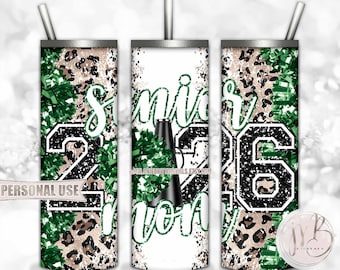 Green Cheer Senior 2026 Mom 20oz Skinny Sublimation Tumbler Wrap Design • Pom Pom Megaphone Classic Leopard Print • DIY Print and Press