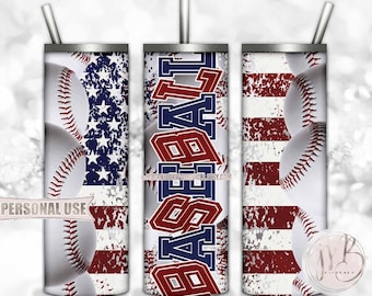 Patriotic Baseball 20oz Skinny Tumbler Wrap Sublimation Design Download • Distressed Baseball Collage and USA Flag • DIY Print and Press