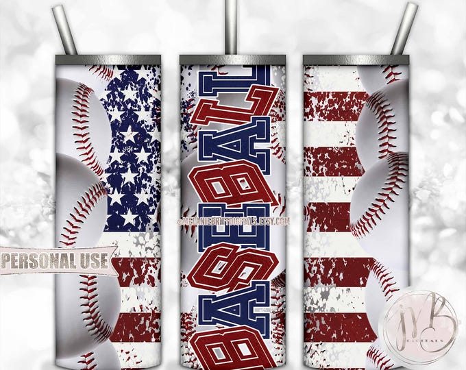 Patriotic Baseball 20oz Skinny Tumbler Wrap Sublimation Design Download • Distressed Baseball Collage and USA Flag • DIY Print and Press