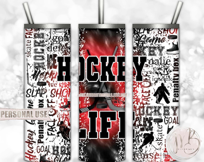 Hockey Life 20oz Skinny Tumbler Wrap Sublimation Download • Red and Black Tie Dye Typography Hockey Gift • DIY Print and Press