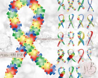 Autism Awareness Ribbon Scrapbook Embellishments • Puzzle Pieces Roses Inclusion Matters Fussy Cuts • DIY Printable Paper Cutouts PNG & PDF