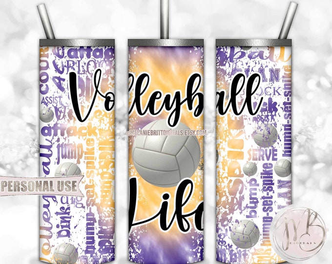 Volleyball Life 20oz Skinny Tumbler Wrap Sublimation Download • Purple Athletic Gold Tie Dye Typography Volleyball Gift • DIY Print & Press