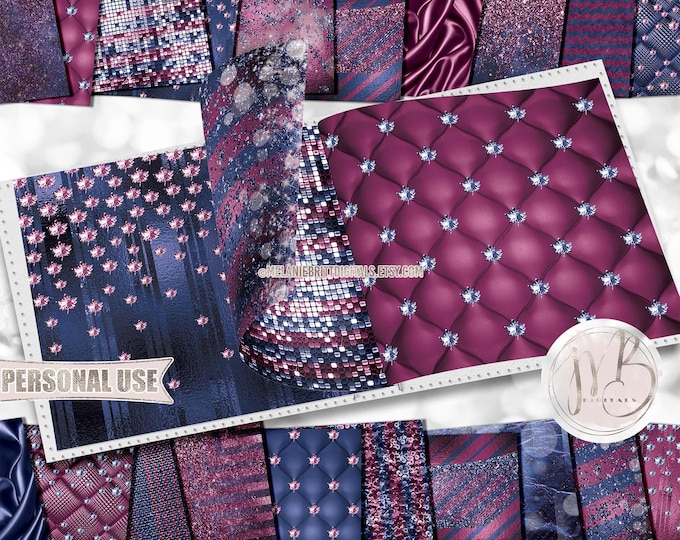 Autumn Luxury Scrapbook Paper Download • Magenta and Dark Blue Diamond Fall Leaves • Scrapbooking Printable