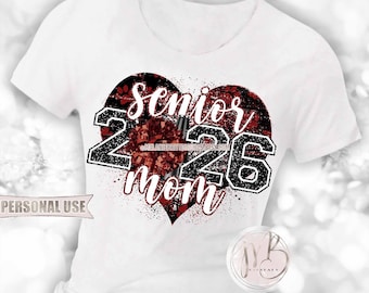 Maroon and Black Cheer Senior 2026 Mom Heart T-Shirt Sublimation Design • Paw Prints Pom Pom Megaphone Glitter • DIY Print and Press