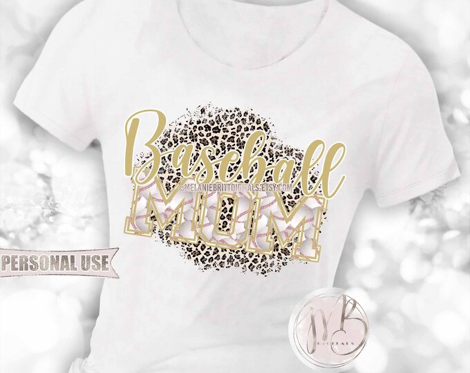 Old Gold Baseball Mom T-Shirt Sublimation Design Download • Classic Leopard Print Baseball Varsity Letters Mom Gift • DIY Print and Press