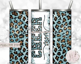 Pastel Blue Cheer Mom Glitter 20oz Skinny Tumbler Wrap Sublimation Design Download • Leopard Print Cheerleader Mom Gift • DIY Print & Press