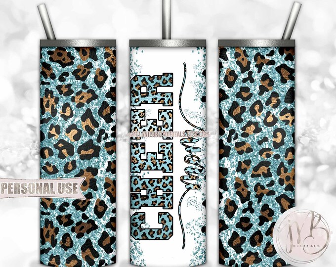 Pastel Blue Cheer Mom Glitter 20oz Skinny Tumbler Wrap Sublimation Design Download • Leopard Print Cheerleader Mom Gift • DIY Print & Press