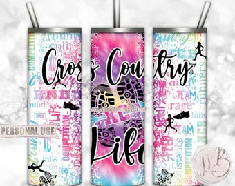 Girl Cross Country Life 20oz Skinny Tumbler Wrap Sublimation Download • Rainbow Tie Dye Terrain Endurance Running Gift • DIY Print & Press