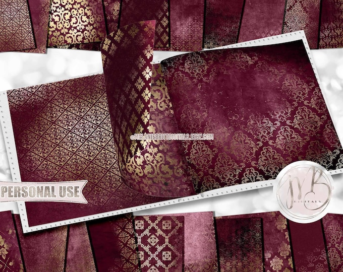 Sangria Red Distressed and Gold Foil Damask Scrapbook Paper Download • Grunge Damask Design • Printable Paper Crafts 20 12x12 JPG & PDF
