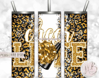 Cheer Life 20oz Skinny Tumbler Wrap Sublimation Download • Athletic Gold Leopard Glitter Varsity Letters • DIY Print and Press