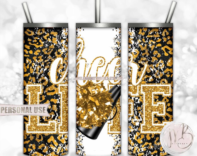 Cheer Life 20oz Skinny Tumbler Wrap Sublimation Download • Athletic Gold Leopard Glitter Varsity Letters • DIY Print and Press