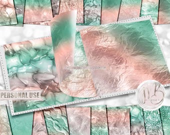 Sea Green and Peach Crystal Scrapbook Paper Download • Realistic Rock and Stone Design • DIY Printable Paper Crafts 20 12x12 JPG & PDF