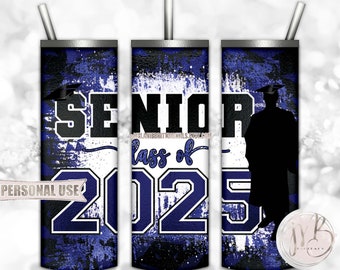 Blue Graduation Senior 2025 20oz Skinny Tumbler Wrap Sublimation Design Download • Boy Graduate Graduation Cap • DIY Print and Press