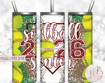 Maroon Softball Senior 2026 20oz Skinny Tumbler Wrap Sublimation Design Download • Varsity Softball Glitter Grad Gift • DIY Print & Press