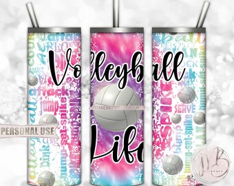 Volleyball Life 20oz Skinny Tumbler Wrap Sublimation Download • Rainbow Tie Dye Typography • DIY Print and Press