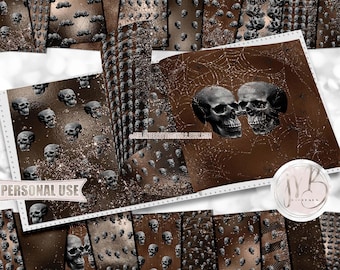 Glam Halloween Skulls Scrapbook Paper Download • Gothic Sable Brown Tones Sparkling Glitter • Printable Paper Crafts 20 12x12 JPG & PDF