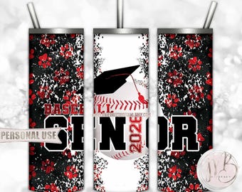 Red Baseball Senior 2026 20oz Skinny Tumbler Wrap Sublimation Design Download • Paw Prints Baseball Graduation Gift • DIY Print and Press