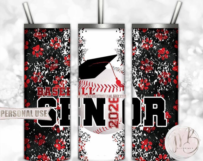 Red Baseball Senior 2026 20oz Skinny Tumbler Wrap Sublimation Design Download • Paw Prints Baseball Graduation Gift • DIY Print and Press