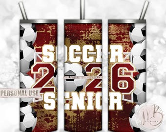 Soccer Senior 2026 20oz Skinny Tumbler Wrap Sublimation Design Download • Maroon and Gold Paw Prints Senior Grad Gift • DIY Print & Press