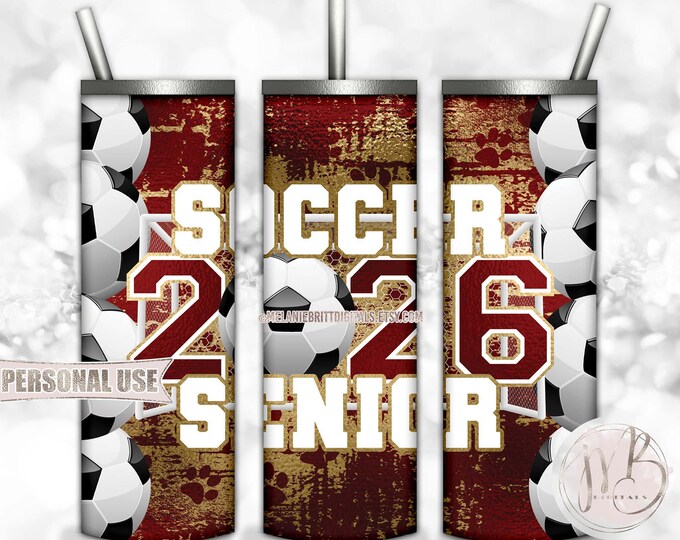 Soccer Senior 2026 20oz Skinny Tumbler Wrap Sublimation Design Download • Maroon and Gold Paw Prints Senior Grad Gift • DIY Print & Press