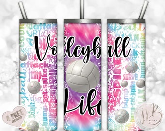 Volleyball Life 20oz Skinny Tumbler Wrap Sublimation Design Download • Rainbow Tie Dye Scattered Volleyballs Sports • Sublimation Crafts